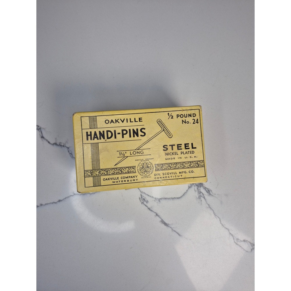 Vintage Oakville Handi-Pins No 24 Empty Box Scovill Mfg Co Waterbury CT Yellow